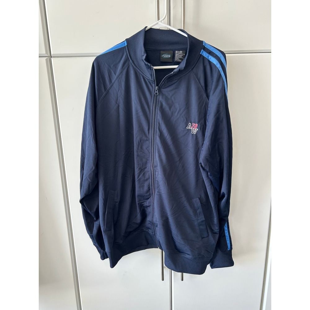 Athletic Works Mens Navy Blue Track Jacket Full Zip Striped Sleeve Large